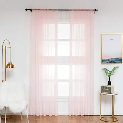 Afbeelding van WOLTU set van 2 Vitrage gordijnen, met plissé rand, voile gordijnen voor rails, woonkamer, slaapkamer, achtertuin stijl, 140x245 cm Roze
