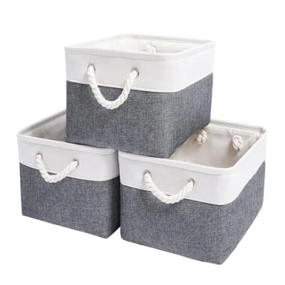 Afbeelding van Mangata Grote opbergdoos, set van 3, canvas stoffen opbergmanden met handgrepen voor kasten, kledingkast, planken, badkamer, kleding, speelgoed, handdoek (opvouwbaar, koud grijs wit)