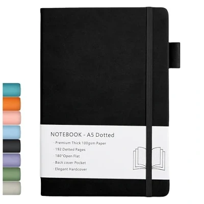 Afbeelding van Gestippelde Journal A5, Hard Cover gestippeld notitieboek met premium 100 GSM dik papier, binnenzak, elastisch gelijmd, kunstlederen hoes, 192 pagina&#039;s, 14,5x8,3 cm (zwart)