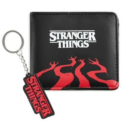 Afbeelding van Stranger Things Kaartenportemonnee en sleutelhanger set voor volwassenen, tieners, kinderen Kaartsleuven, ID vak Cadeaus haar, Zwart, One Size, Modern