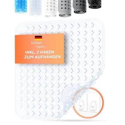 Afbeelding van LICHTENHEIM Douchemat, antislip, 53 x cm, inclusief 2 haken, badmat, ruitdesign, antislipmat, badkuip, BPA vrij, schimmelbestendig en wasbaar, doorzichtig