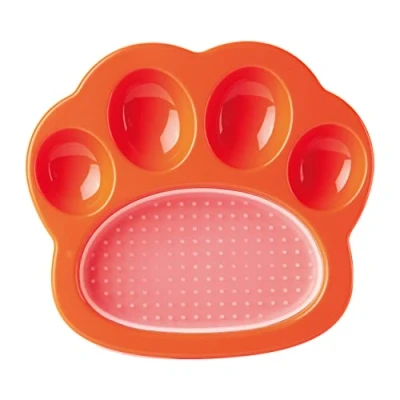 Afbeelding van PetDreamHouse Paw 2 in 1 mini slow feeder hondenbak en likmat, leuke unieke pootvormige langzame voerschaal met verwisselbare pootlikpad oranje