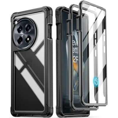 Afbeelding van Poetic Guardian Hoesje compatibel met OnePlus 12R 5G (2024), ingebouwde schermbeschermer [werk vingerafdruk ID], [2 voorframes], schokbestendig transparant hoesje, zwart/transparant