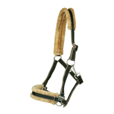 Afbeelding van PFIFF houder met kunstbont onderlegger paardenhalters, Warmblut/Full, zwart bruin