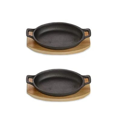 Afbeelding van Echtwerk Serveerschaal van gietijzer, serveerpannetje, ovenschaal met serveerplank, grillpan, al ingebrand, geschikt voor oven, barbecue en barbecue, ideaal het serveren, grote editie, 2 delig