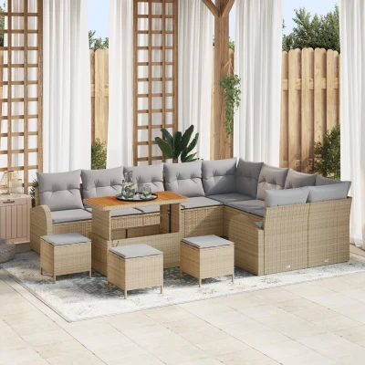 Afbeelding van vidaXL 13 delige tuinbankenset met kussens beige poly rattan acacia, 4 tuin eettafelset 2 zitplek tuinbank