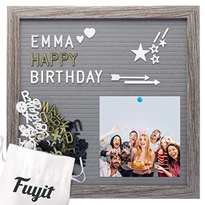 Afbeelding van Fuyit Felt Letter Board van hout en vilt, 30 x cm, grijs, Eva, veranderbaar, letterbord, retro, met 600 witte, gouden zwarte letters cijfers emoji&#039;s cursieve woorden, standaard