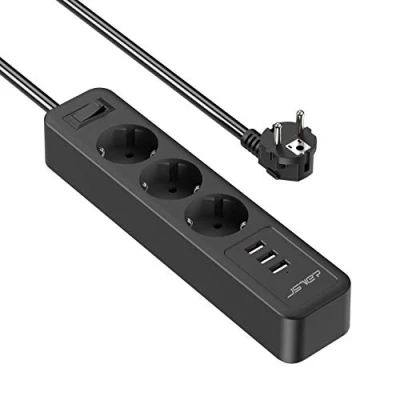 Afbeelding van JSVER Stekkerdoos 3 stopcontacten USB oplaadpoorten Verlengkabel, Stekkerdozen Overspanningsbeveiliging met poorten Geschakelde 2m netsnoer Universeel voor thuiskantoor (Zwart)
