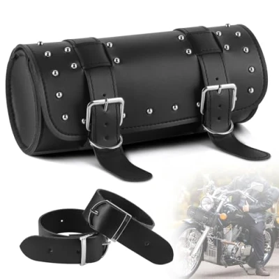 Afbeelding van IWILCS Universele zadeltas voor motorfiets, gereedschapstas, PU leer, waterdicht, ronde zadeltas, modieuze opbergtas, zwart