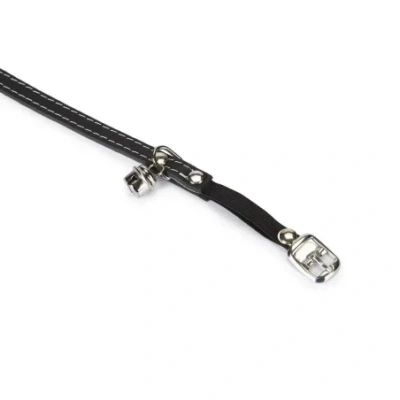 Afbeelding van Kattenhalsband met bel leer zwart 23,5 28 cm