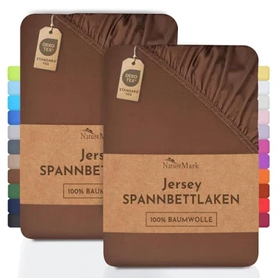 Afbeelding van NatureMark Set van 2 jersey hoeslakens, 100% katoen, verschillende maten en kleuren, merkkwaliteit, Oeko Tex Standard 100, 70 x 140 cm, chocoladebruin