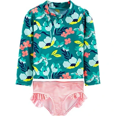 Afbeelding van Simple Joys by Carter&#039;s 2 delige set rashguard sets voor peuters, meisjes, groene bloemen/roze streep, 4T