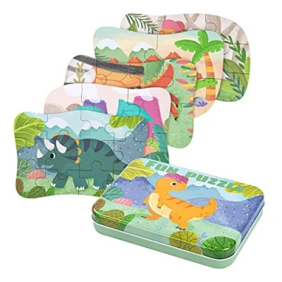 Afbeelding van BBLIKE Kinderpuzzel, dinosauruspuzzel voor kinderen, 5 afbeeldingen, geschikt jongens en meisjes, houten puzzels vanaf 3 tot jaar (A)
