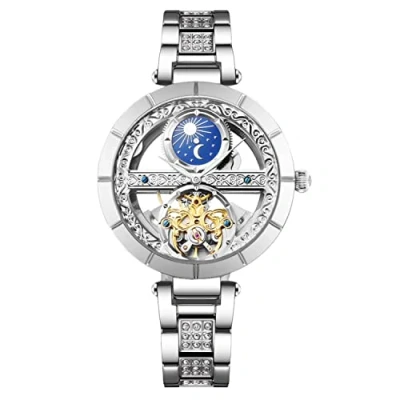Afbeelding van RORIOS Dameshorloge, automatisch horloge, mechanische horloges, oplichtend horloge met leren armband, modieus, waterdichte dameshorloges, zilver B