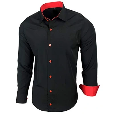 Afbeelding van Baxboy B 500 herenoverhemd met lange mouwen, zakelijk, vrije tijd, bruiloft, gemakkelijk te strijken, slimfit, kentkraag, geschikt om dragen bij pak, zwart/rood, L