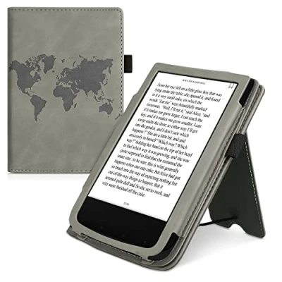 Afbeelding van kwmobile e reader hoesje compatibel met Pocketbook Touch Lux 4/5/Touch HD 3/Color (2020)/ Vivlio 5 Ereader case van kunstleer Wereldkaart in grijs