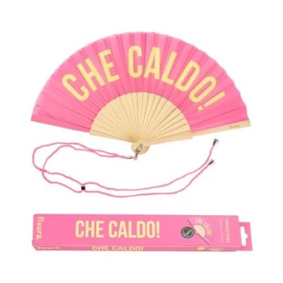 Afbeelding van FISURA Originele handwaaier met de boodschap Che caldo Moderne en grappige houten waaiers. Roze gele Vakken waaierhouder. Afmetingen: 42,5 x 23 cm.