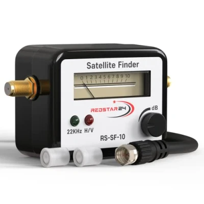 Afbeelding van RedStar24 satellietzoeker, met geluids en F verbindingskabel voor het aanpassen van je digitale satellietschotel