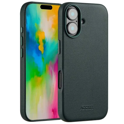 Afbeelding van Apple iPhone 16 MagSafe Hoesje Echt leder Accezz Backcover Donkergroen Telefoonhoesje