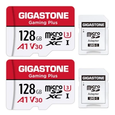 Afbeelding van Gigastone Geheugenkaart, 128 GB, set van 2 kaarten, Gaming Plus serie, leessnelheid tot 100 MB/s. A1 U3 V30 Micro SDXC kaart voor Switch HD Video Dashcam GoPro Camera met SD adapter.