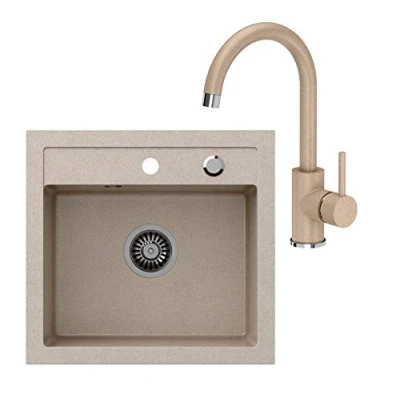 Afbeelding van VBChome Spoelbak + armatuur, 50 x 47 cm, beige, spoelbak, enkele keuken, inbouwspoelbak, composietspoelbak, verzonken oppervlakte sifon wastafel