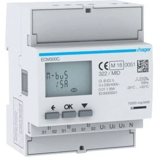 Afbeelding van Hager kwh meter 3 fase indirecte meting 6a 92 276v 160 480v klasse b pulsuitgang mid m bus afname levering multi tarief ecm300c