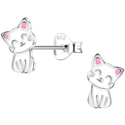 Afbeelding van JoyS Zilveren kat poes oorbellen wit met roze oortjes 6 x 9 mm kinderoorbellen sterling zilver 925