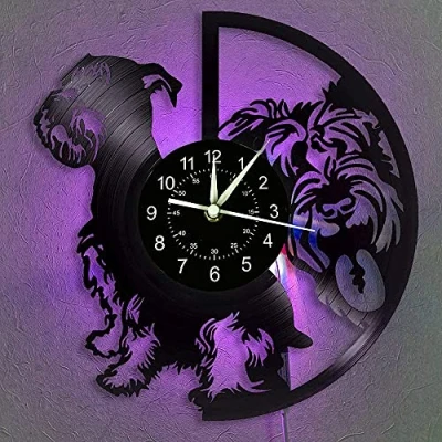 Afbeelding van Smotly Vinyl Wandklok, Schnauzer Hond LED 7 Kleur Nachtlampje Retro Kinderen Verjaardagscadeaus Handgemaakte Home Muur Decor wandklok
