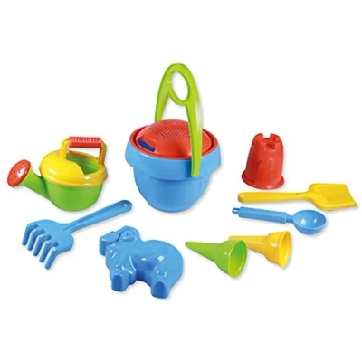 Afbeelding van Lena 05420 Happy Sand speelset voor jongens I, zandspeelgoed 10 delig kinderen vanaf 2 jaar, strandspeelgoed met emmer, zeef, schep, hark, gieter, ijslepel, ijshoorntjes en vormpjes