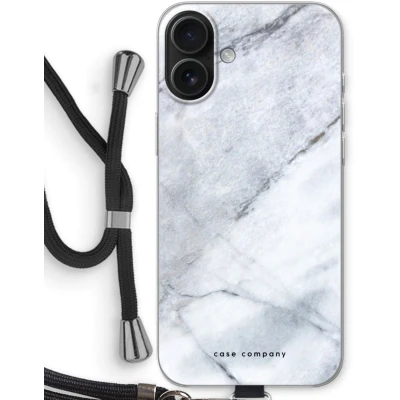 Afbeelding van Case Company® hoesje met Koord geschikt voor iPhone 16 Plus Witte marmer Telefoonhoesje Zwart Bescherming aan alle Kanten en Over de Schermrand