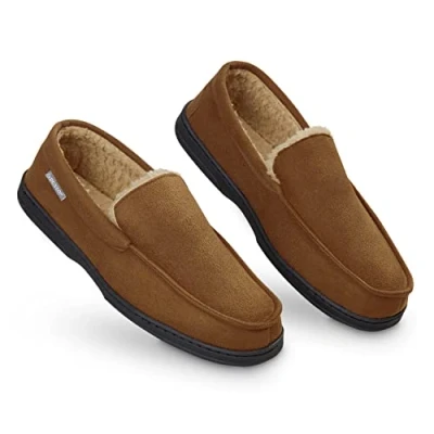 Afbeelding van Dunlop Mocassins, slippers voor heren, nepbont, met rubberen zool en traagschuim, huisslippers, binnenschoenen, geschenk Bruin, 44 EU