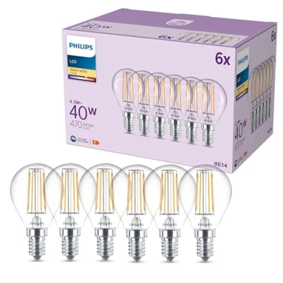 Afbeelding van Philips klassieke P45 LED lamp, 40 W, Helder, E14 fitting, Warm wit 2700 K, 6 st.