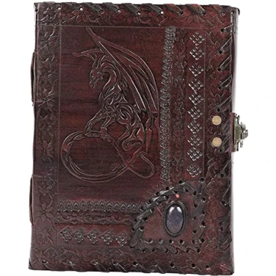 Afbeelding van OVERDOSE Draak met steen reliëf dagboek notitieboek Handgemaakt antiek stenen reisgeschenk mannen vrouwen lederen schetsboek tekening grootte 5 x 7 inch 12x17 cm