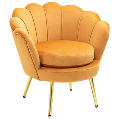 Afbeelding van HOMCOM Sessel Polstersessel in Muschelform Relaxsessel mit Metallbeinen, Schminkstuhl Samtoptik, für Schlafzimmer Wohnzimmer, Gelb