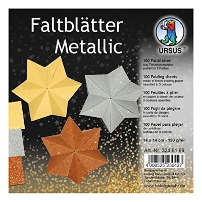 Afbeelding van Ursus 3246199 vouwbladen metallic, van gekleurd papier 130 g/m², 100 vellen in 3 kleuren, ca. 14 x cm, gekleurd, hoge kleurglans en lichtbestendigheid, ideaal voor mooie vouwfiguren