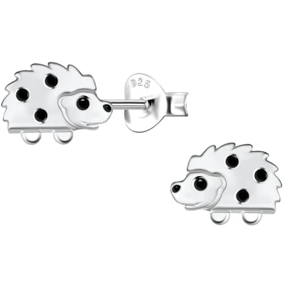 Afbeelding van JoyS Zilveren egel oorbellen 8 x 6 mm sterling zilver 925 met zwarte accentjes kinderoorbellen