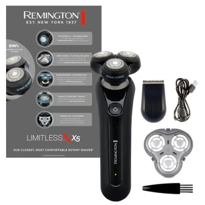 Afbeelding van Remington X5 Limitless X Elektrisch Scheerapparaat met SynX Hybrid Cutting System, Roterend Scheerapparaat, Nat &amp; Droog, Detailtrimmer, Flexibele Scheerhoofden, 360 PivotBall, USB oplaadbaar, XR1755.