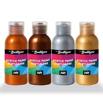 Afbeelding van Metallic acrylverf set. 4 kleuren elk 100 ml. Schilderkleuren: goud, zilver, koper en antiek zilver. Geschikt voor papier, canvas, hout, steen, stof, metaal, gieten etc. x ml (metallic)