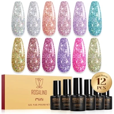 Afbeelding van ROSALIND Uv Nagellak Met Glitters, 12 Kleuren Glitters Roze Blauw Zilver Goud Paars Gelnagellakset, Soak Off Mini Kleurengel Gelnagels Voor Nageldesign Gelnagellak Manicure Cadeau