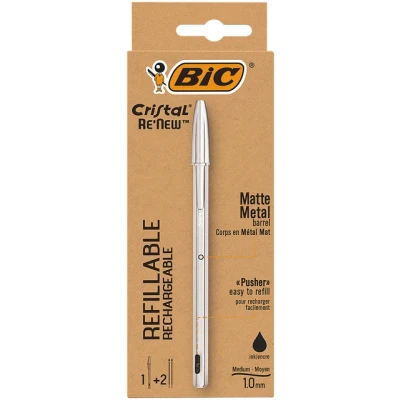 Afbeelding van balpen Bic Cristal Re new medium zwart blister à 1 + 2 vullingen