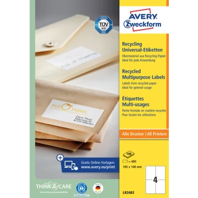 Afbeelding van Etiket Avery Zweckform LR3483 105x148mm A6 recycled wit 400stuks