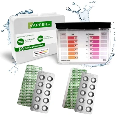 Afbeelding van harren24 Zwembadtester, pH en chloor, incl. 40 zwembadtesttabletten, chloor waarde (20 fenolrode tabletten + 20 DPD1 tabletten), zwembadwatertester, tester, zwembadaccessoires (40)