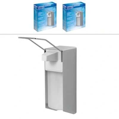 Afbeelding van ARNOMED 2x aluminium desinfectiemiddeldispenser, desinfectiemiddeldispenser voor 1000 ml, dispenser met lange armhendel, zeepdispenser wandmontage, zeepdispenser, wand