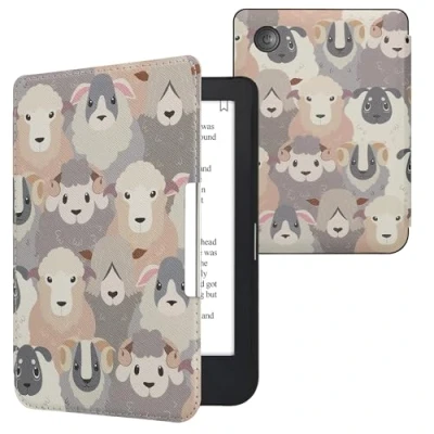 Afbeelding van kwmobile E reader hoesje geschikt voor Kobo Clara 2E hoes flip case met magnetische sluiting Ereader cover design in wit / bruin grijs