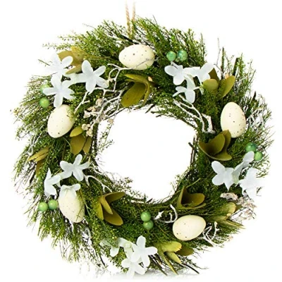 Afbeelding van Paaskrans met bloemen van hout en eieren, decoratieve tafelkrans, deurkrans hanger, stijlvolle paasdecoratie