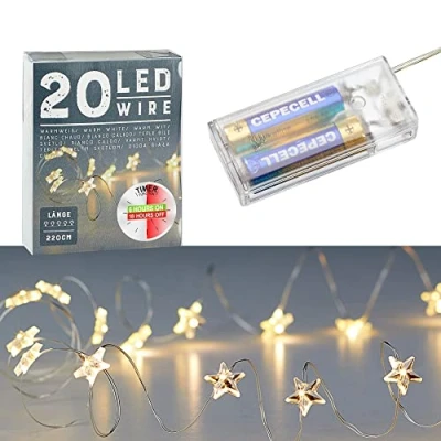 Afbeelding van Draadverlichting lichtsnoer 20 sterren lampjes warm wit op batterij 220 cm met timer Lichtsnoeren
