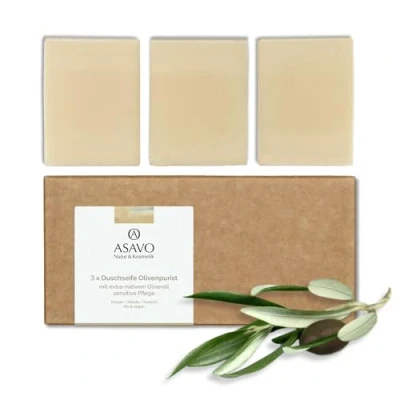Afbeelding van ASAVO Premium olijfoliezeep, handgemaakte biologische zeep met extra olijfolie, 100% natuurlijke zeep, olijfzeep zonder parfum, veganistisch, 3 x 95 g