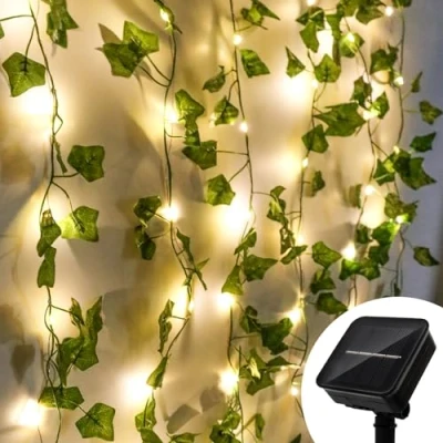 Afbeelding van Lichtsnoer met bladeren, klimop, kunstmatig lichtsnoer, klimopslinger, lichtketting voor binnen, 10 m, 8 modi, op zonne energie buiten, 100 ledlampen, lenteplanten, decoratie