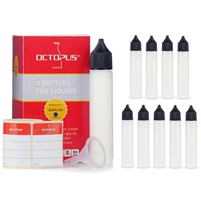 Afbeelding van 10 x 30 ml vloeistofflessen met trechter + etiketten, zachte LDPE dispenserflessen voor e liquids, sigaretten, Unicorn flessen vloeistoffen, plastic zwarte doppen