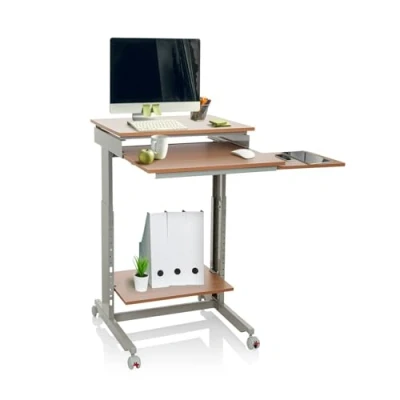 Afbeelding van Computer bureau Verstelbaar Beuk / Grijs Workstation Bureaus, bureaublad is van Melamine gecoate spaanplaat, frame poeder gecoat staal,